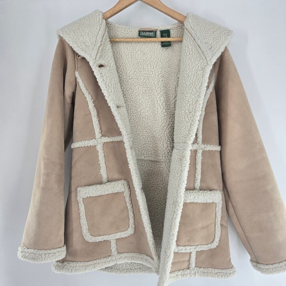 L.L.Bean Girls Vintage Tan Faux Suede Sherpa Lined Hooded Winter Coat XL - Picture 1 of 11